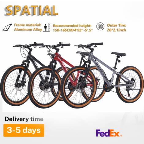 The SPATIAL 24-Inch Mountain Bike Features a Lightweight Aluminum Frame, a 21-Speed Dual Disc Brake System, And a Locking Suspension Fork. It Is Equipped with All-Terrain Tires Measuring 60.96cm*5.33cm And Is Suitable for Both Men And Women