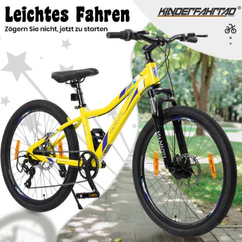 A Hardtail Bike in Yellow with 24X2.1-Inch Tires, Equipped with a 6-Speed Gear System, Suspension Fork, And Dual Disc Brakes